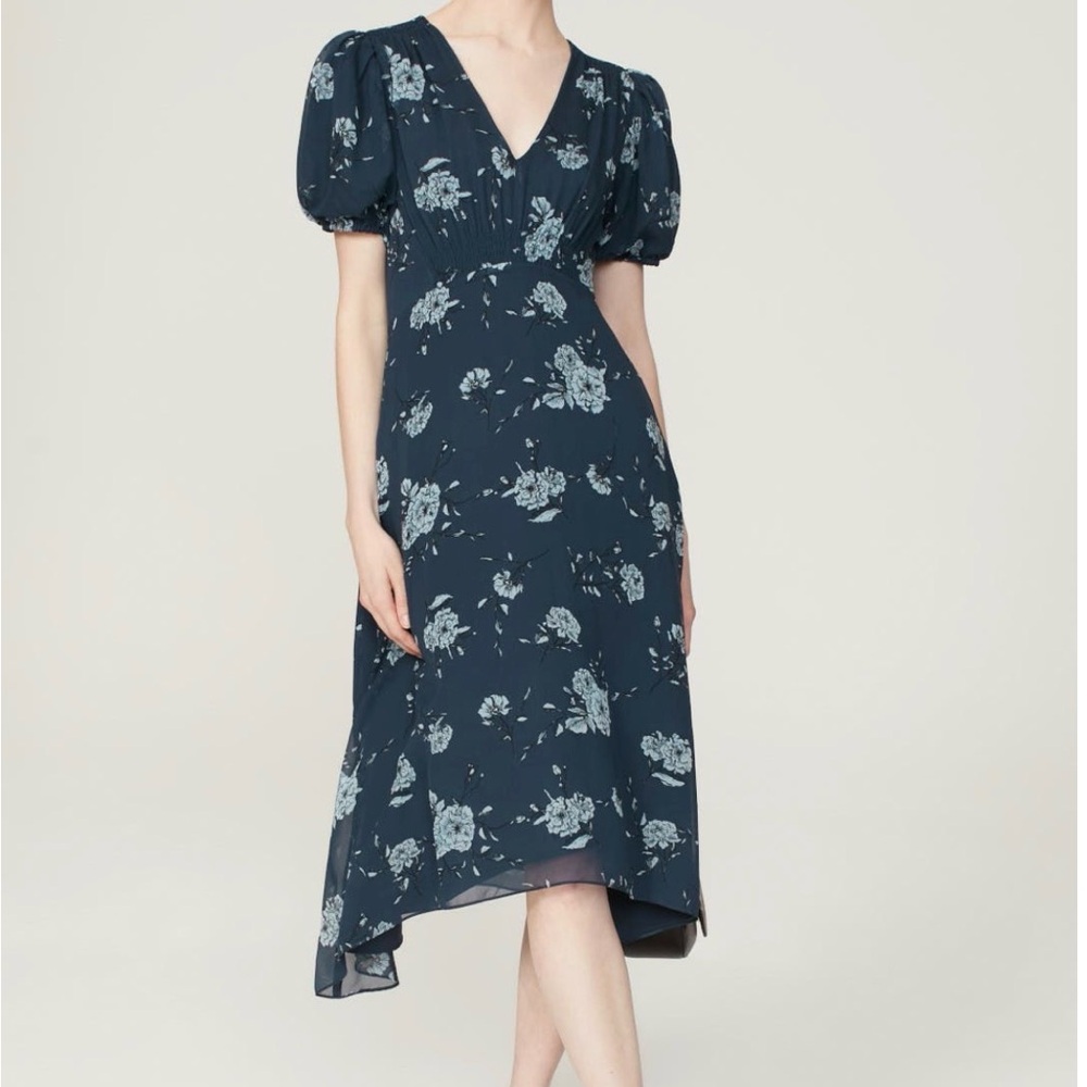 Club Monaco Navy Floral V-Neck Puff Sleeve High-Low Dress
